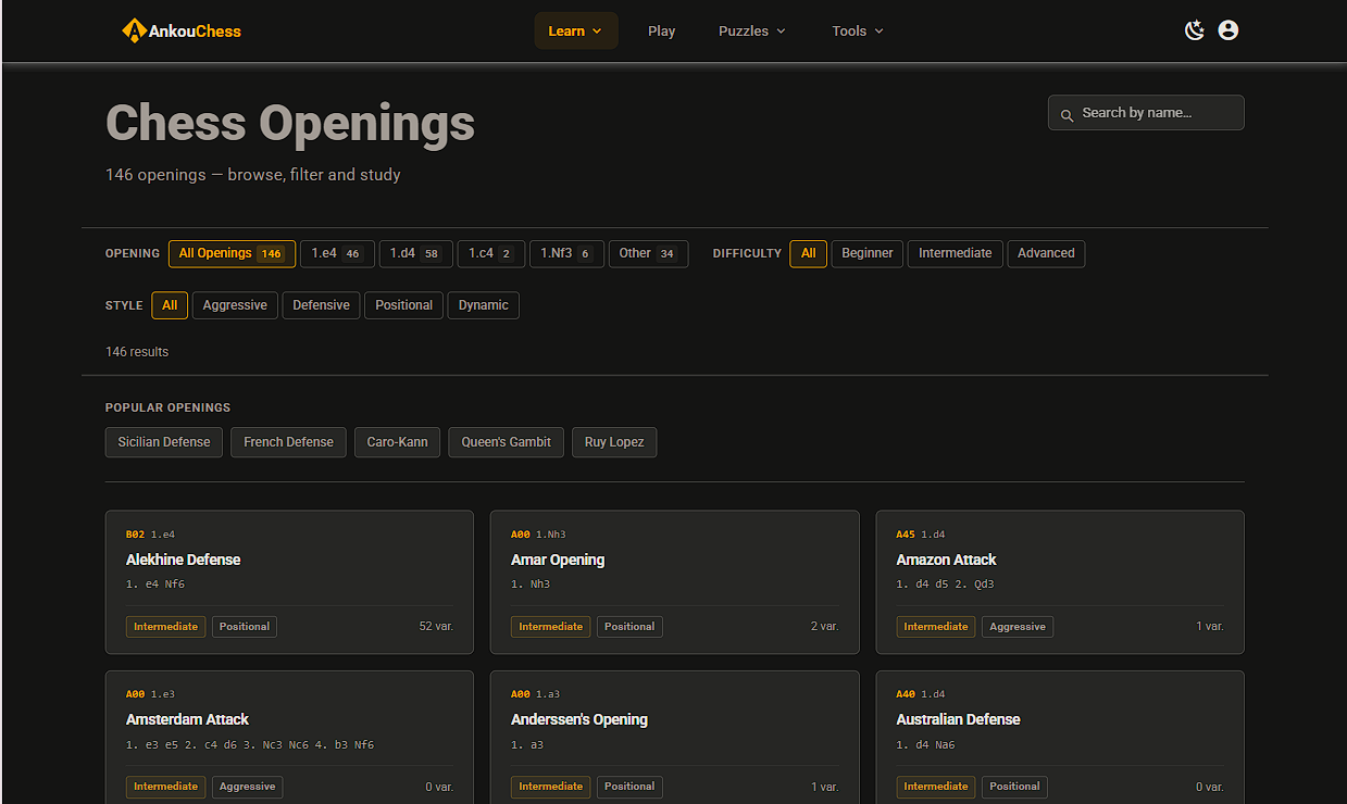 Chess openings library — 146 openings with theory and interactive board